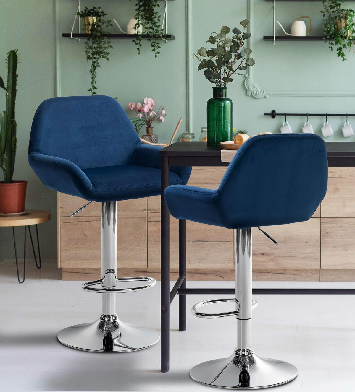 BARHOCKER 2er Set Samt blau - Chromfarben/Blau, Textil/Metall (51/89/52cm) - CLP