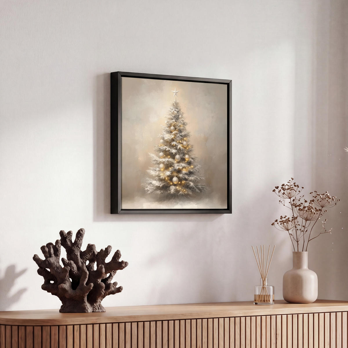 LEINWAND Bilder mit Rahmen - Weihnachten - Weihnachtsbaum - Schnee - Kunst - 20x20 - Champagner, Textil (20/20cm) - MuchoWow