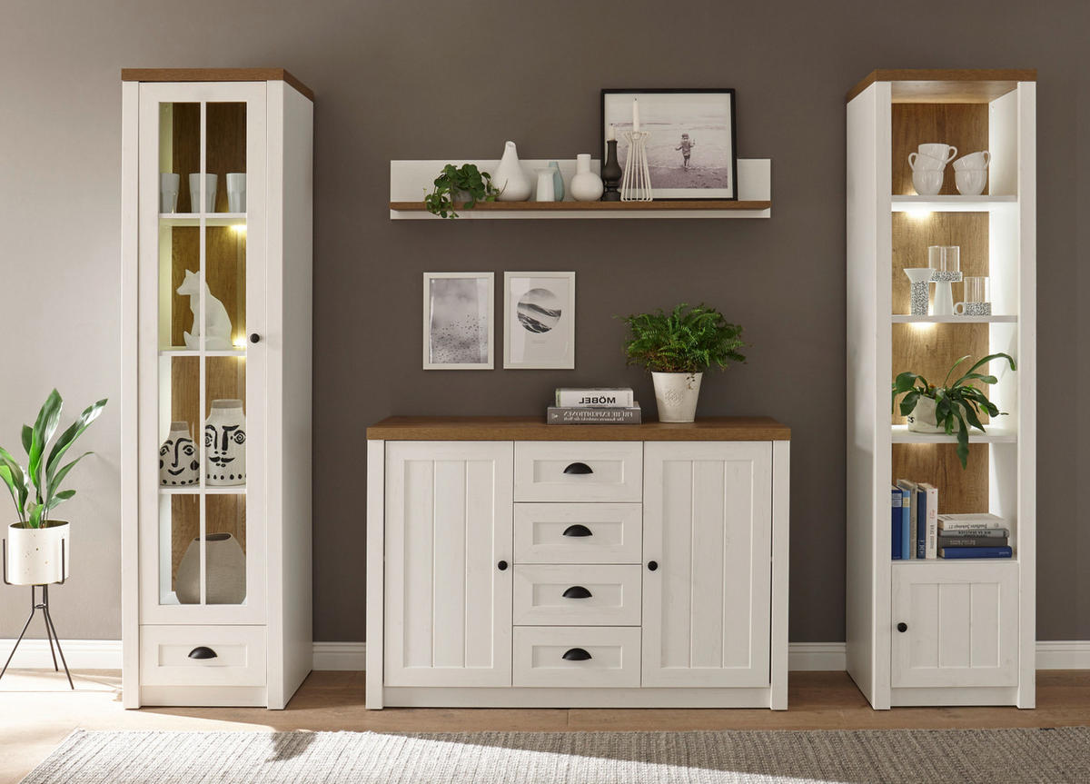 WOHNWAND weiß Pinie, Eiche hell 4-teilig 270 cm, Wohnkombination Landhaus-Stil - Eichefarben/Schwarz, Holzwerkstoff/Kunststoff (270/198/43cm) - Furn.Design