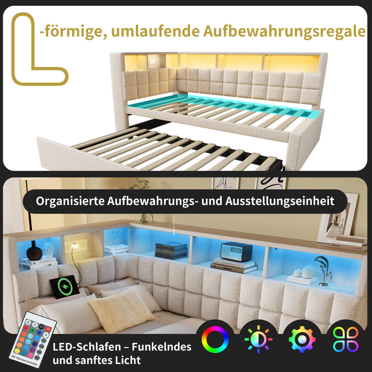 AUSZIEHBETT 90/200 cm Beige mit LED-Beleuchtung Bluetooth-Lautsprecher und USB- und Type-C-Anschlüssen aus Leinen - Beige, Textil (90/200cm) - OKWISH