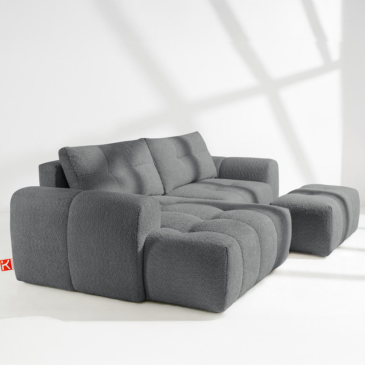 ECKSOFA MIT HOCKER RAVIA, Bouclé, Dunkelgrau - Dunkelgrau, Holz/Textil (96/50cm) - KONSIMO®