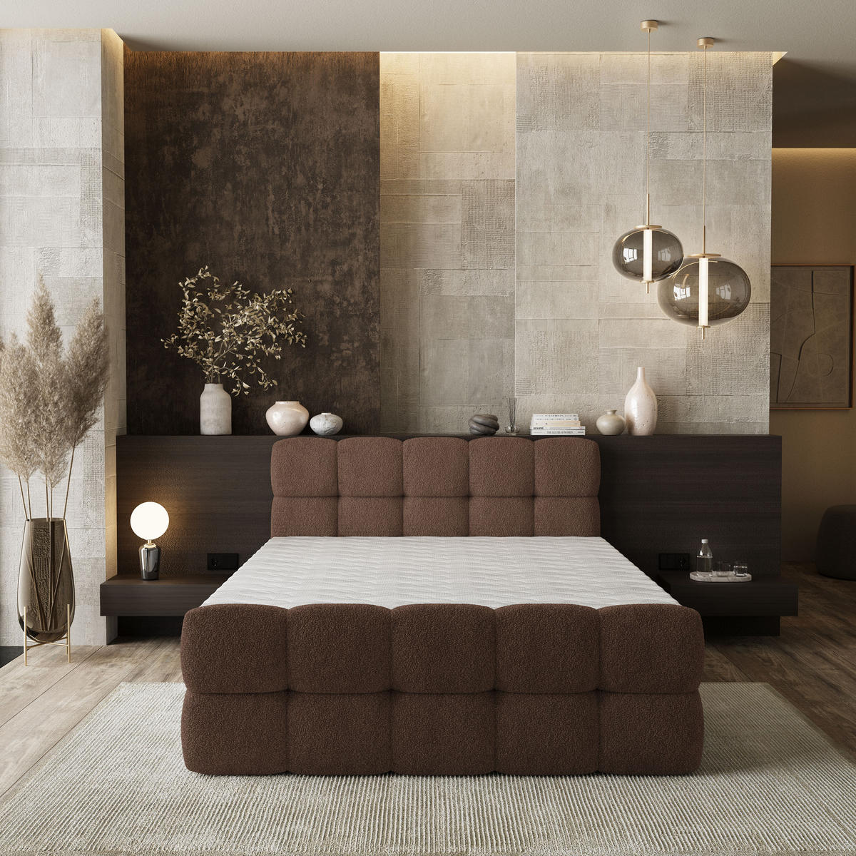 BOXBETT BRUME 160x200 cm mit Matratze und Topper, H2+H3 - Braun - Braun, Holz (160/200cm) - MASSENO