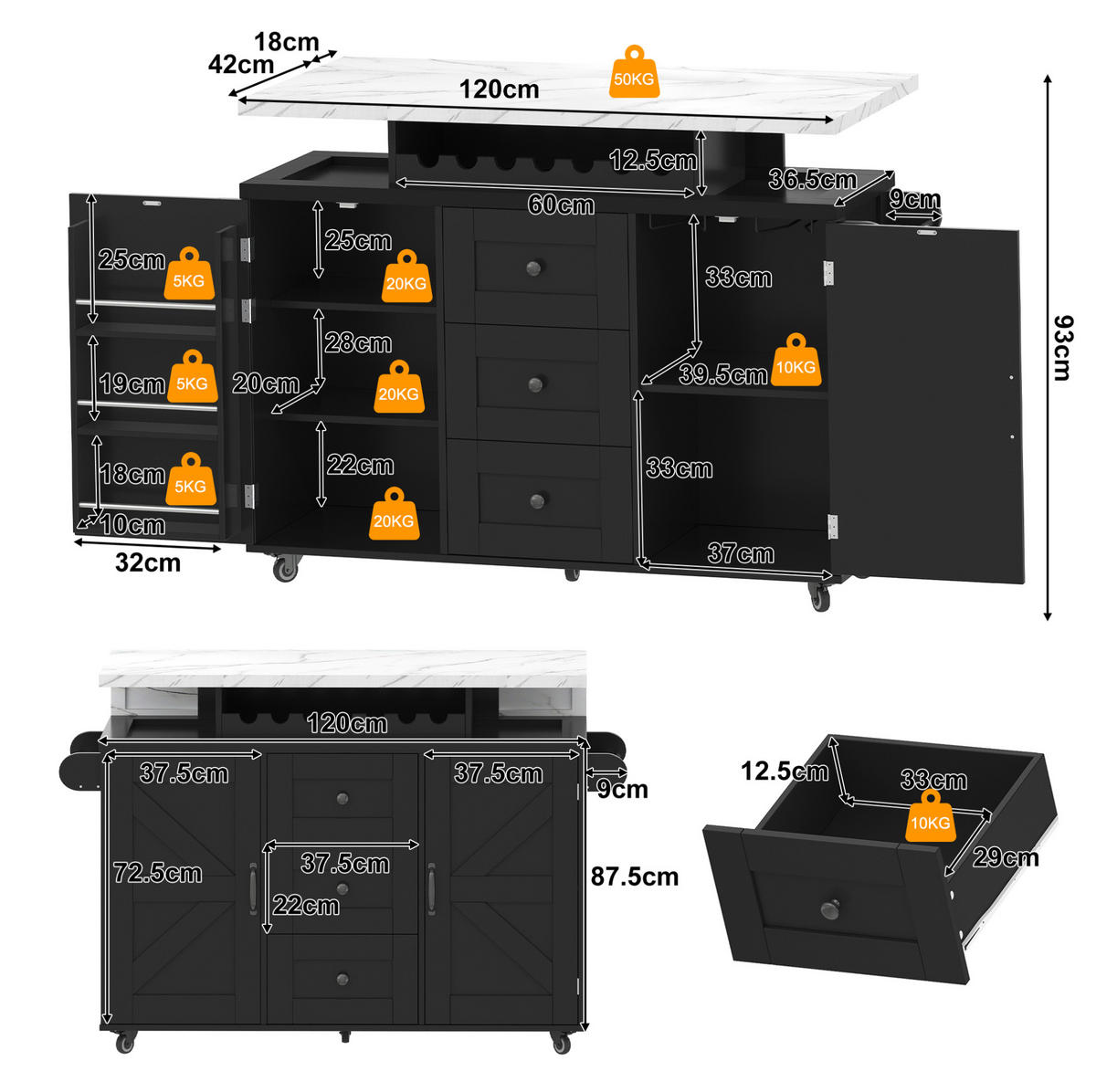 KÜCHENINSEL 138/60/93 cm mit klappbarer Arbeitsplatte, LED-Beleuchtung und Rollen, MDF, Schwarz - Schwarz, Holzwerkstoff (138/93/60cm) - Redom