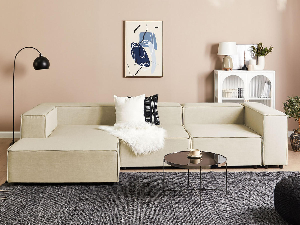 3-SITZER-ECKSOFA Leinen beige linksseitig Aprica - Beige/Schwarz, Textil (326/180cm) - Beliani