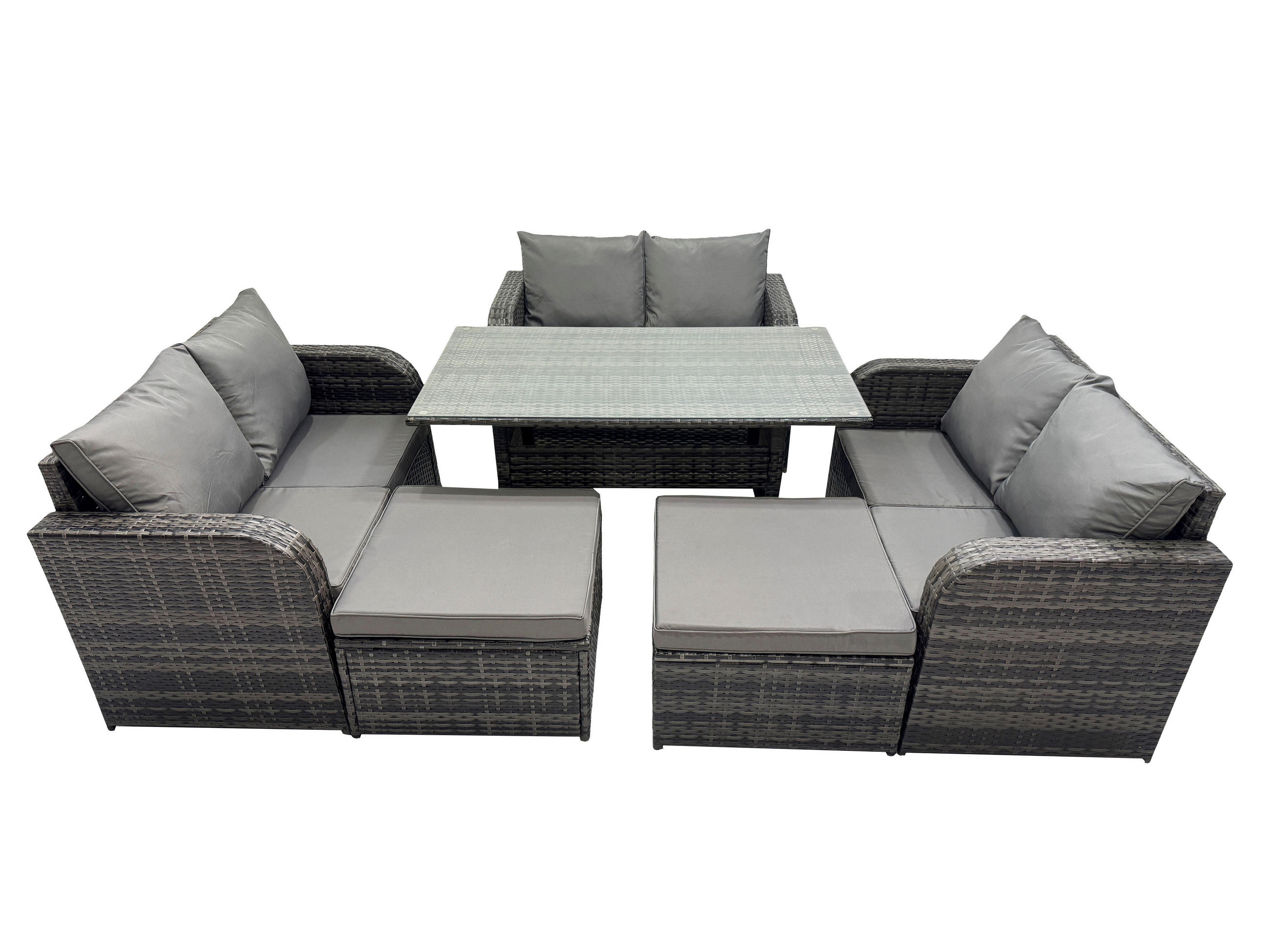 GARTENGARNITUR mit Zweisitzer,2 Hockern Polyrattan Dunkelgrau 8-Sitzer - Dunkelgrau/Grau, Glas/Kunststoff - Fimous