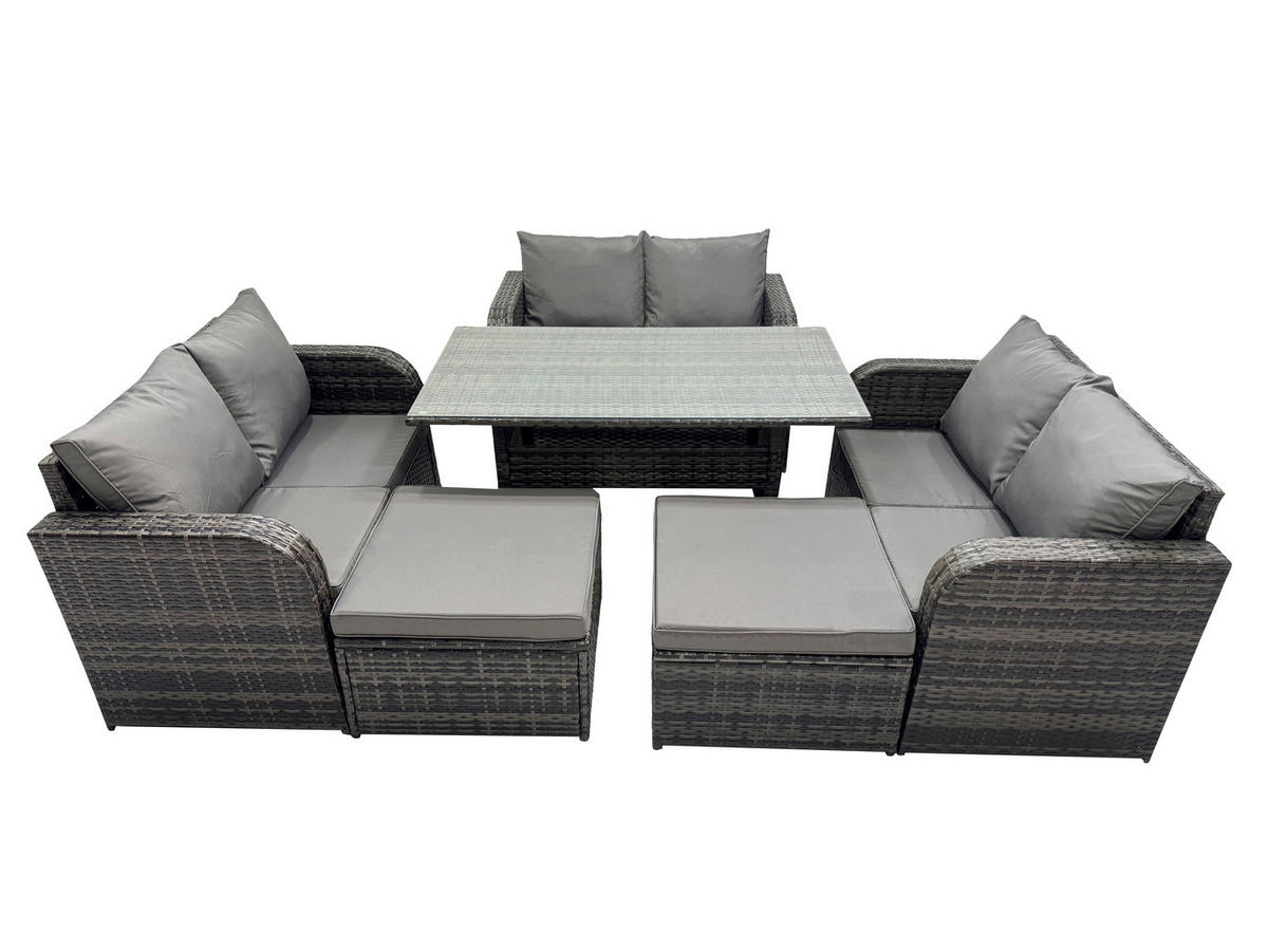 GARTENGARNITUR mit Zweisitzer,2 Hockern Polyrattan Dunkelgrau 8-Sitzer - Dunkelgrau/Grau, Glas/Kunststoff - Fimous