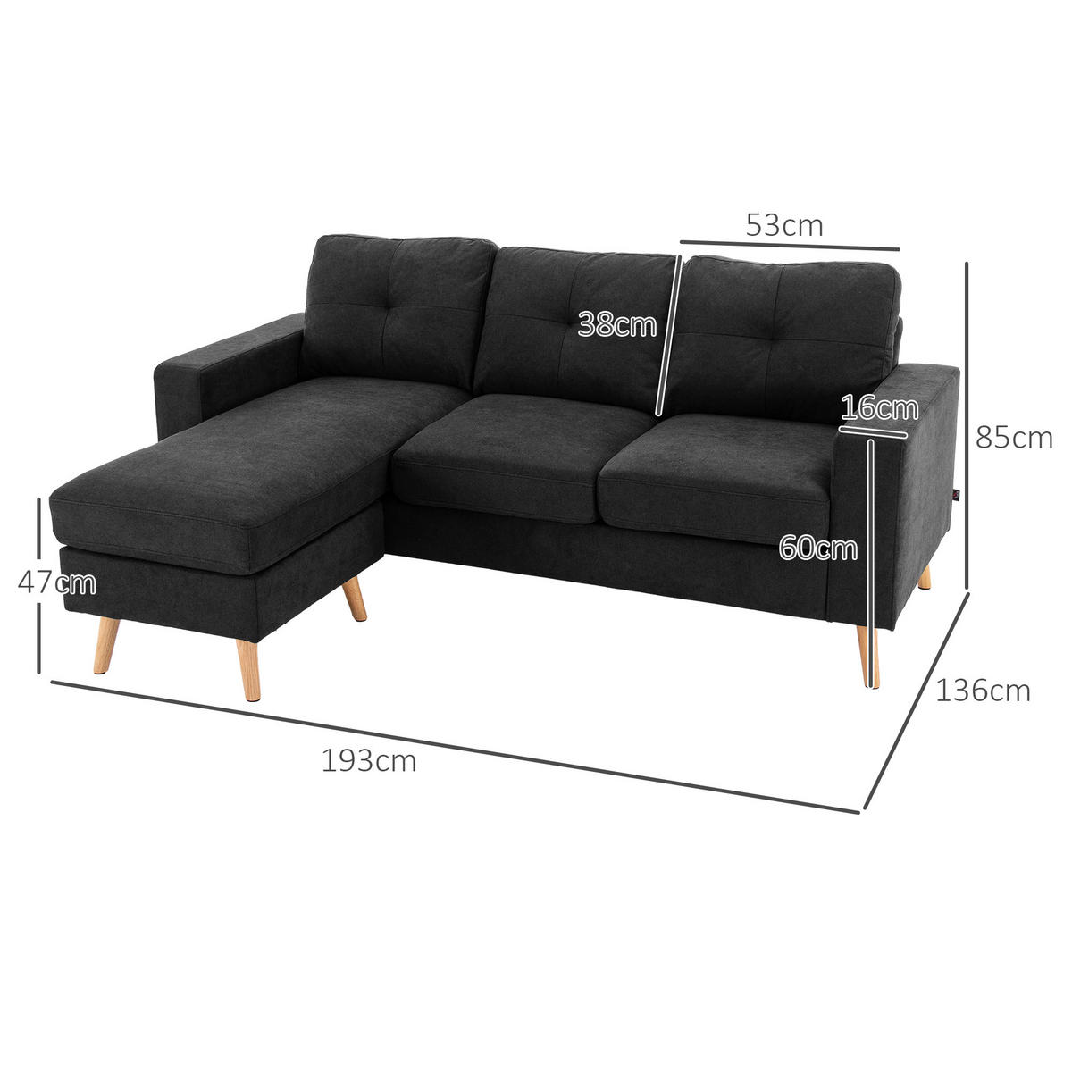 ECKSOFA Eckcouch in L-Form, Eckgarnitur in Leinenoptik Couchgarnitur Schwarz - Schwarz, Textil (136/193cm) - HOMCOM