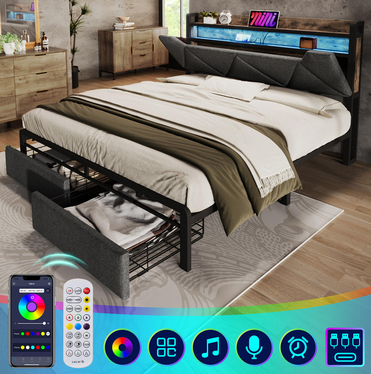 POLSTERBETT 140/200 cm aus Leinen mit LED, USB-C, Stauraum-Kopfteil, 2 Schubladen und Matratze, Grau - Grau, Textil (140/200cm) - Redom