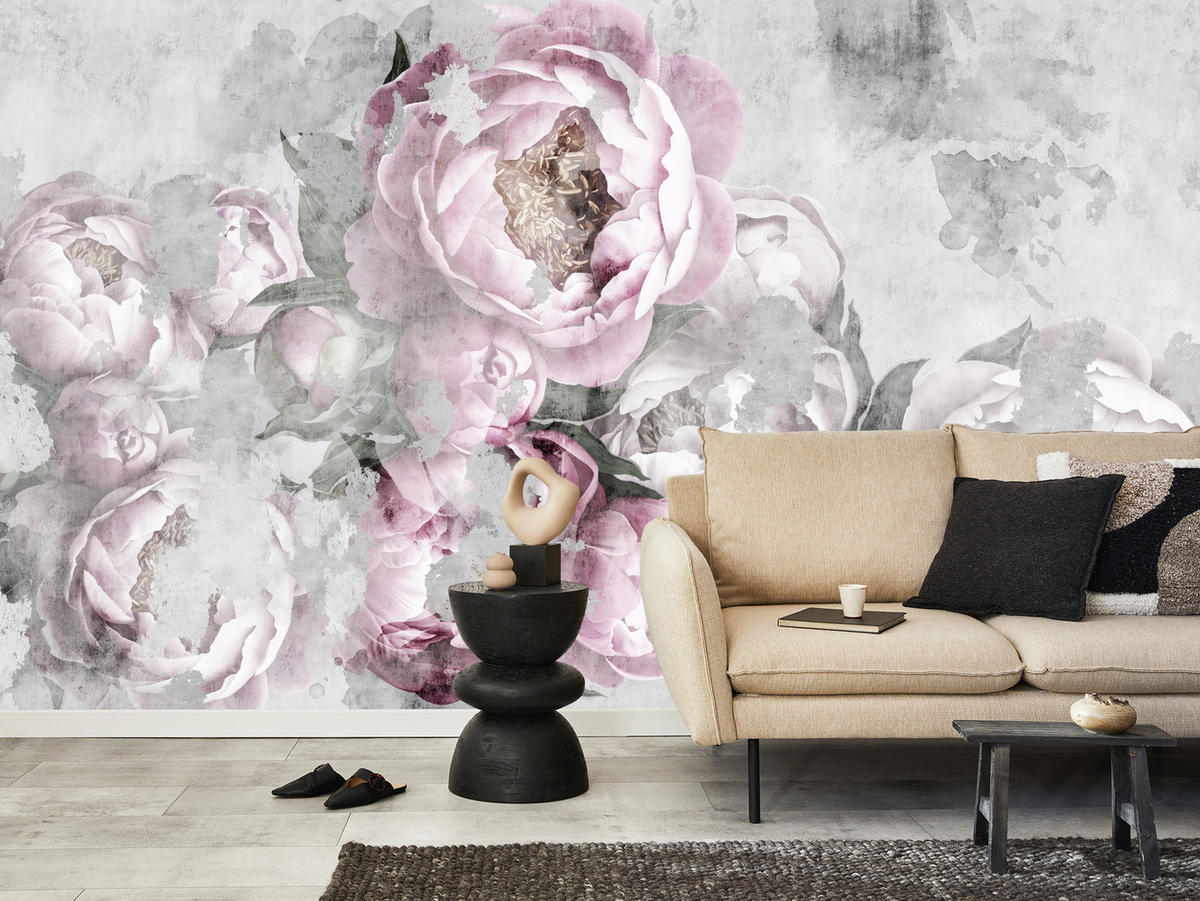 FOTOTAPETE für Küche Abstrakte Pink Pfingstrosen Beton Vintage 200x140 - Rosa/Grau, Papier (200/140cm) - Muralo