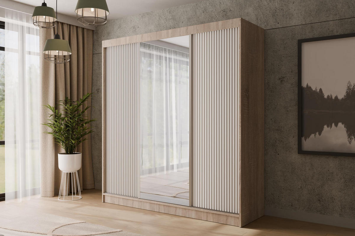 KLEIDERSCHRANK mit Spiegel V2-PRESTIG 215x200 cm - Sonoma Eiche|Weiß - Weiß/Sonoma Eiche, Holzwerkstoff (200/215/61cm) - ALTDECOR