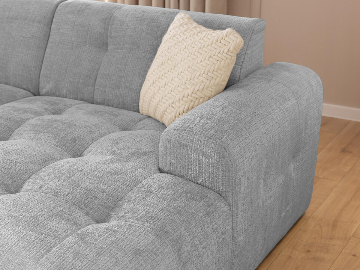 ECKSOFA Kozy im Bumpy-Design mit fester Rückenlehne aus weichem Hellgrau Chenille-Stoff - Ottomane rechts - Hellgrau/Schwarz, Holz/Kunststoff (234/161cm) - S-Style Möbel