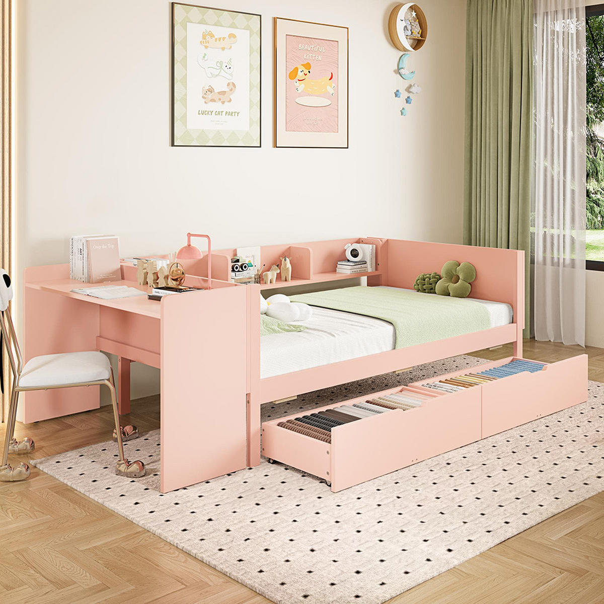 EINZELBETT 90x200cm mit Schreibtisch in Rosa - Pink, Holz (90/200cm) - KOMHTOM
