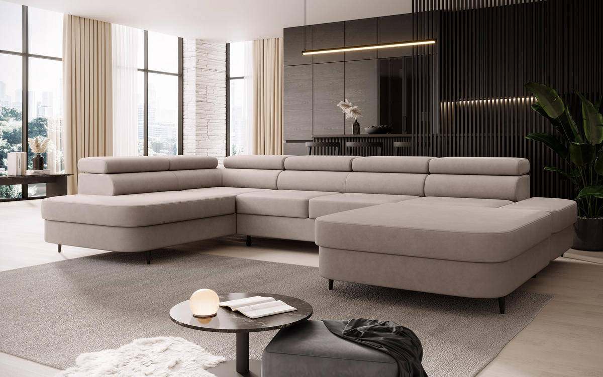 ECKSOFA U-Form PRIAM U Links mit Schlaffunktion 126x270 Velours Beige - Beige/Schwarz, Holz/Textil (350/91/203cm) - Muffo