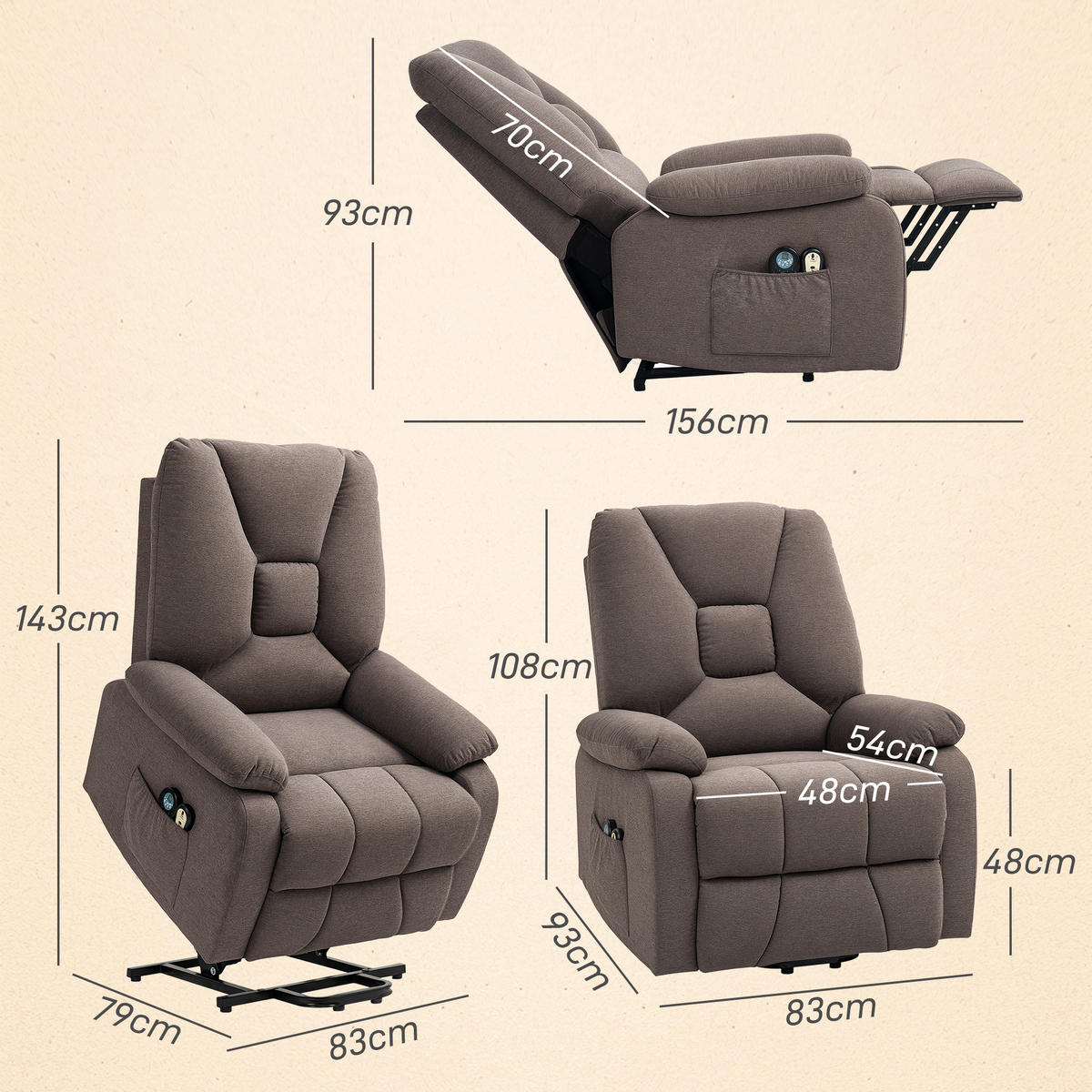MASSAGESESSEL Braun mit Aufstehhilfe, Massagefunktion und Fernbedienung 93/83/108 cm - Braun, Naturmaterialien (93/108/83cm) - PANGIVO