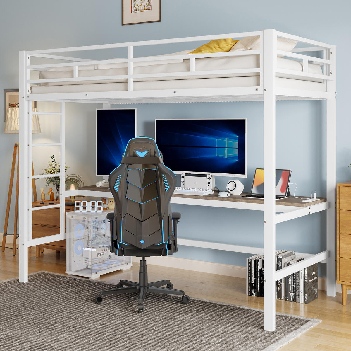 HOCHBETT 90/200 cm, Weiß mit Lerntisch, Trittleiter und Geländer - Weiß, Metall (90/200cm) - MIVRAY