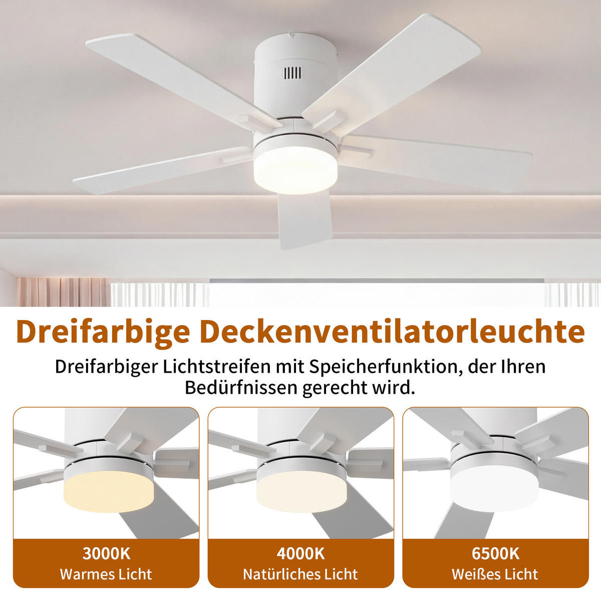 STROPNI ventilator z LED lučko, 106,6 cm, bel, 6 hitrosti in časovnik - bela, kovina (106.6/106.6/28cm) - EuroLiving