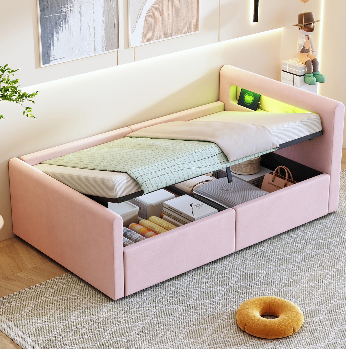 POLSTERBETT 90/200 cm Rosa mit Stauraum und LED-Beleuchtung - Rosa, Textil (90/200cm) - Flora Grace