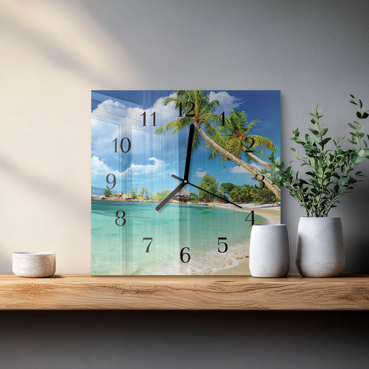 WANDUHR 30x30 cm - Strandpalmen - Grün, Glas (30/30/0.4cm) - TULUP