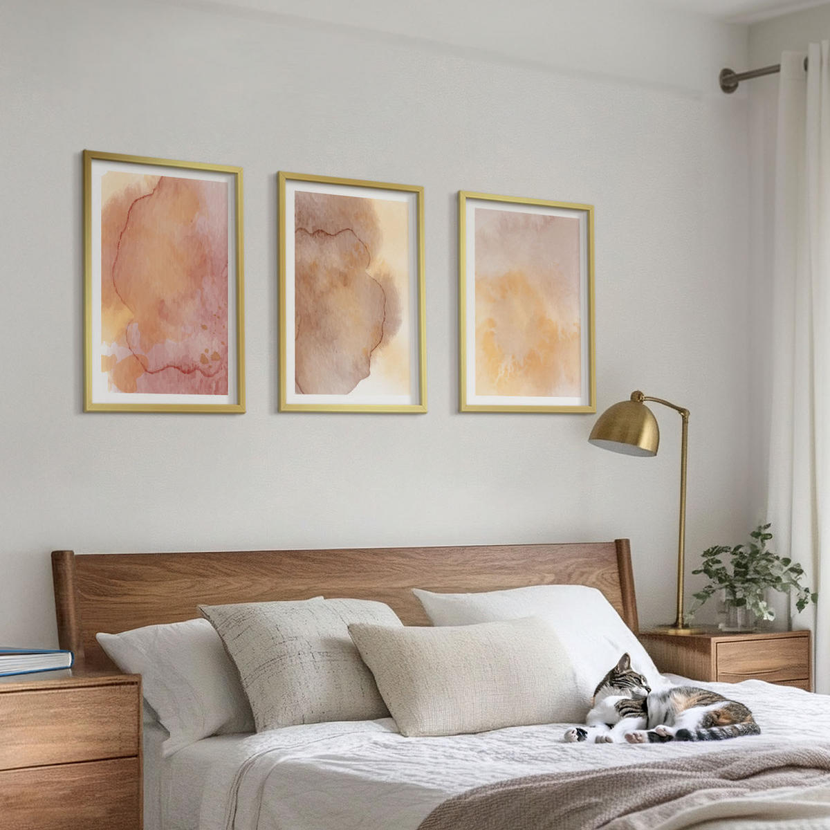 WANDBILDER 3er Set - 40x60 cm Goldrahmen - Warme, farbenfrohe Aquarelltexturen - Goldfarben, Kunststoff (40/60cm) - ArtPrintCave