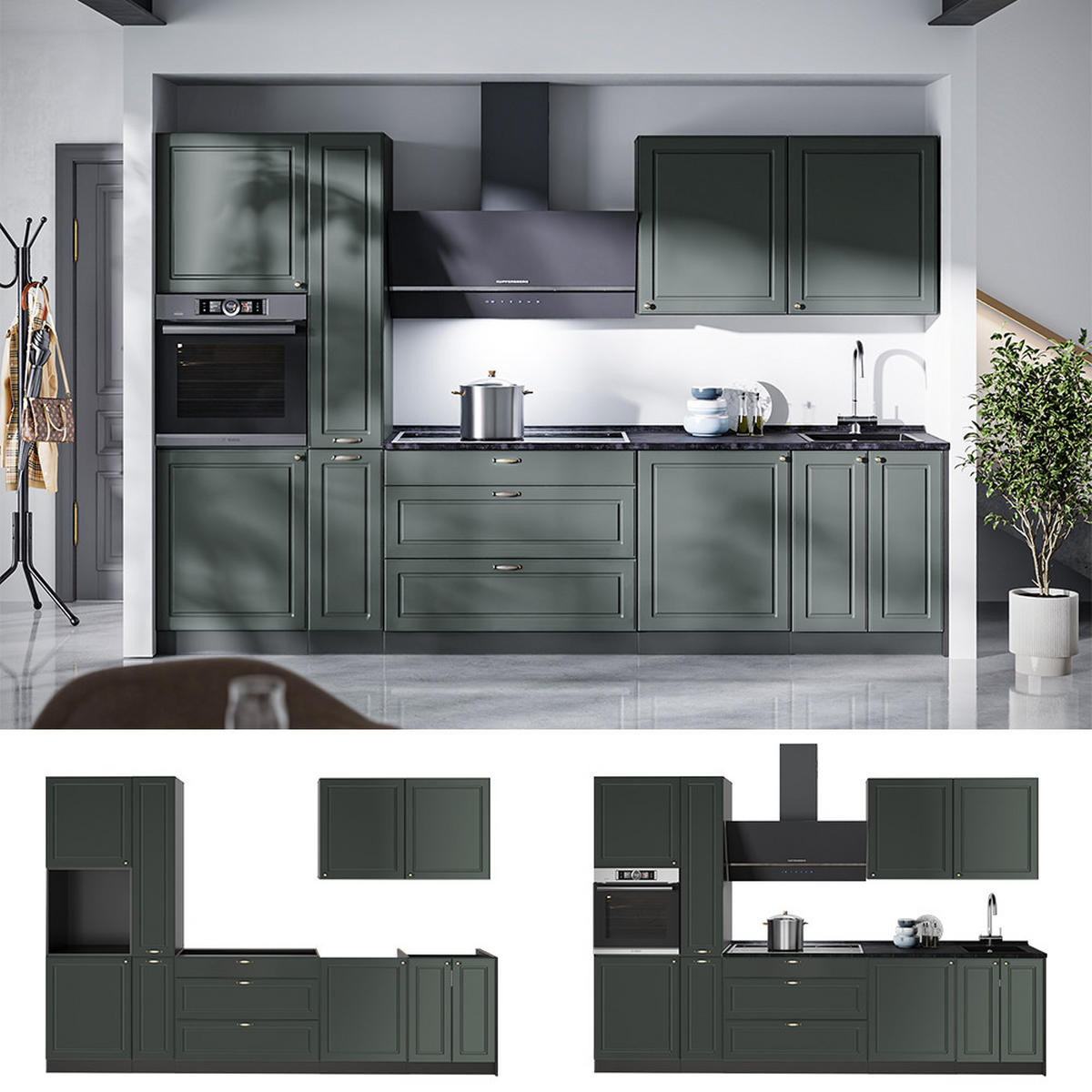 KÜCHENZEILE Fame-Line, Grün-Gold Landhaus/Anthrazit, 310 cm ohne Arbeitsplatte - Anthrazit/Grün, Holzwerkstoff (310/206.8/51.6cm) - Vicco