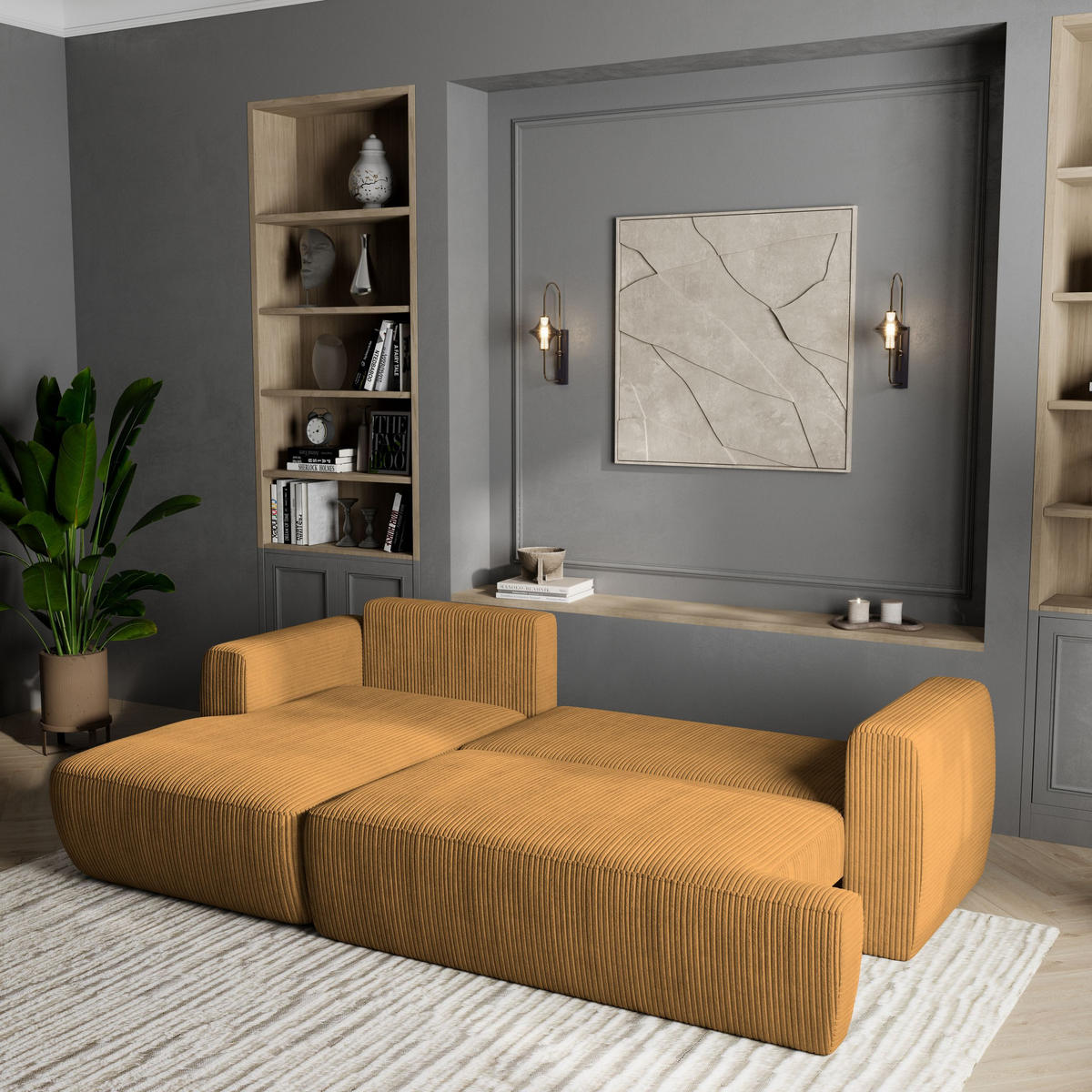 ECKSOFA SENTI P L-S Gelb Kordstoff mit Schlaffunktion - Gelb, Holz (246/148cm) - MASSENO