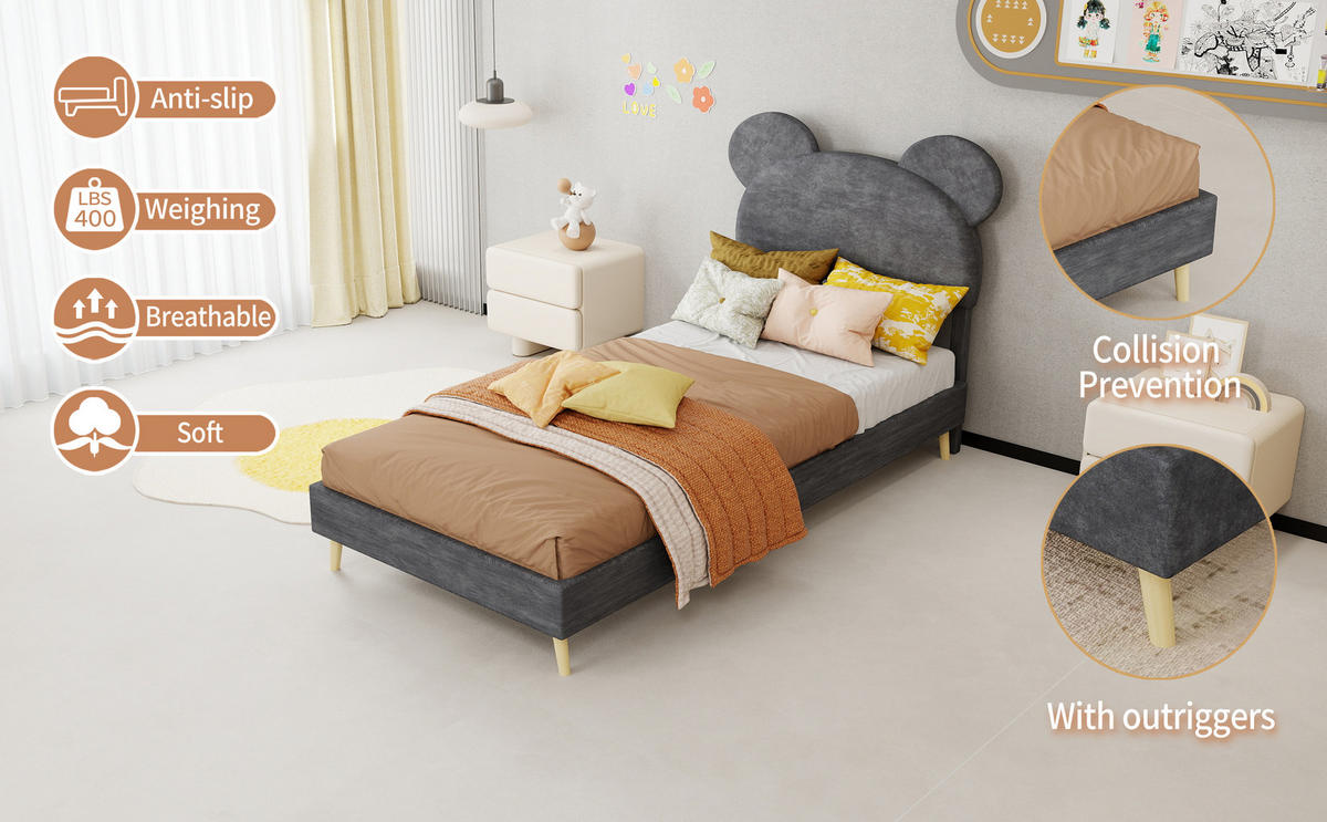 KINDERBETT 90/200 cm in Grau mit Bettkasten Stoff im Cartoon-Design - Naturfarben/Grau, Holzwerkstoff/Textil (90/200cm) - STILVORA
