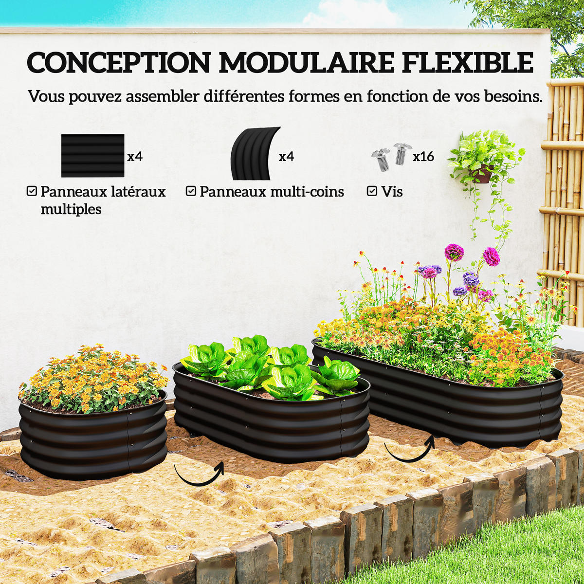 HOCHBEET DE-12147 modular 150/62/30 cm mit Gummikante Schwarz - Schwarz, Metall (150/30/62cm) - ComfortXL