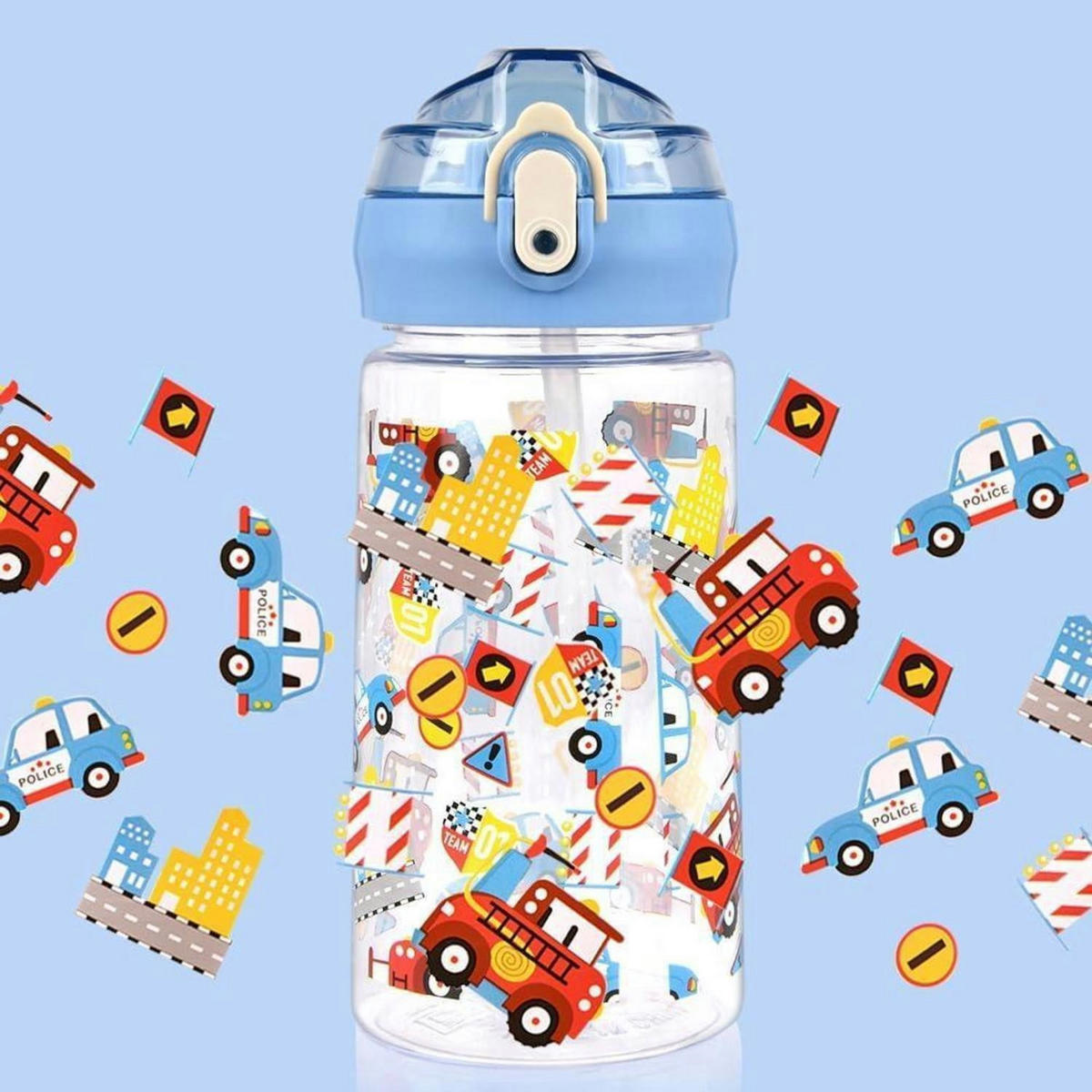 KINDER Trinkflasche mit Strohhalm 500 ml Blau Blaues Auto - Blau, Kunststoff (10/10cm)