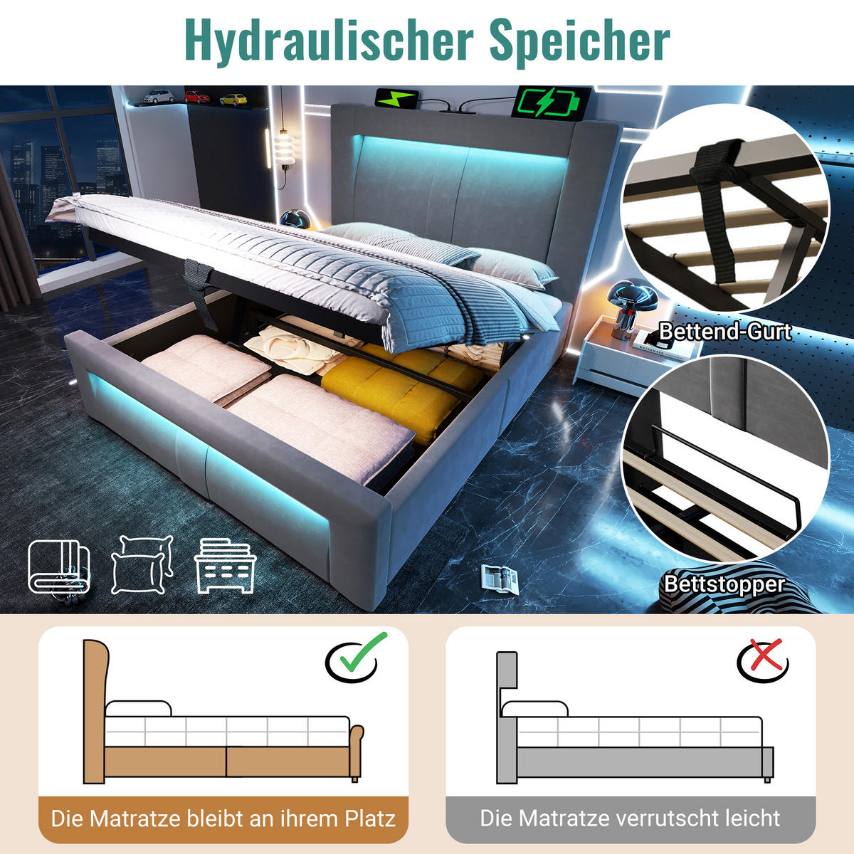 POLSTERBETT 90/200 cm aus Samt mit LED, USB- und Type-C-Anschluss, hydraulischem Stauraum und Matratze, Grau - Grau, Textil (90/200cm) - Redom