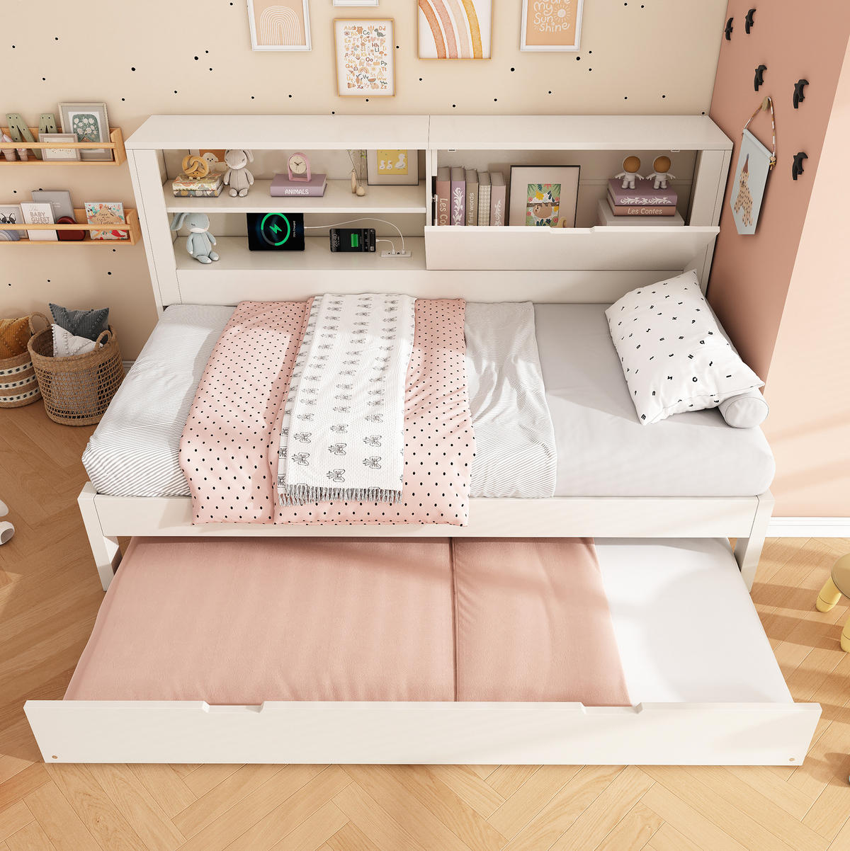 POLSTERBETT 90x190 cm in Weiß mit Ausziehbett & USB-Ladestation - Weiß, Holzwerkstoff (90/190cm) - Modfu