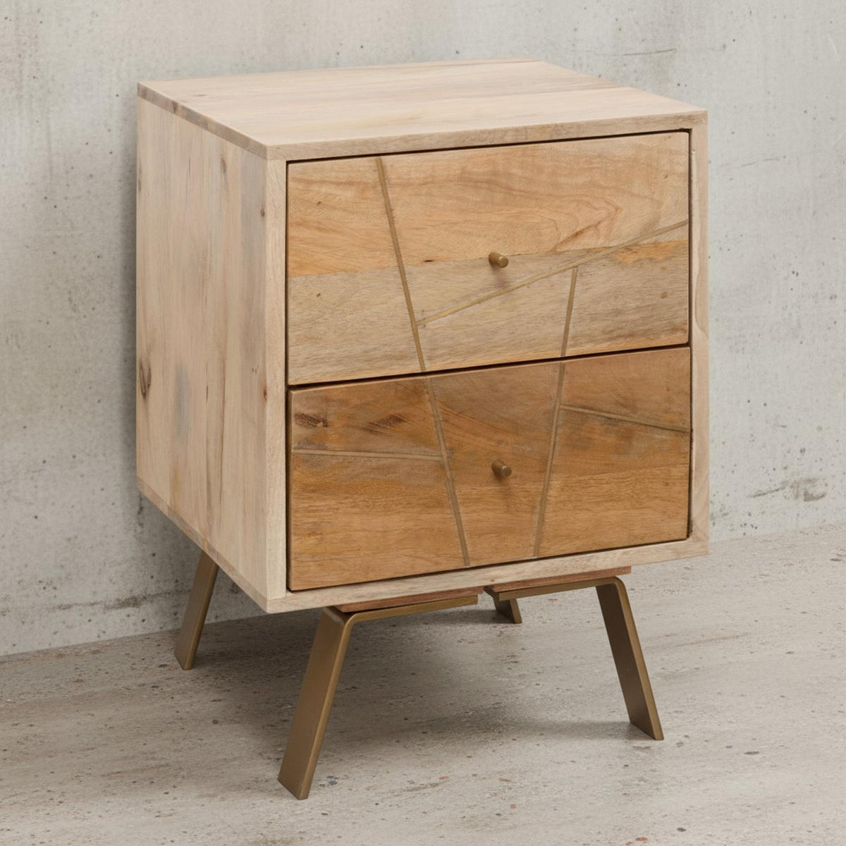 NACHTTISCH – Mango Massivholz, Metallstreifen, rustikal, Farbverlauf - Goldfarben/Braun, Holz/Metall (40/56/40cm) - KADIMA DESIGN