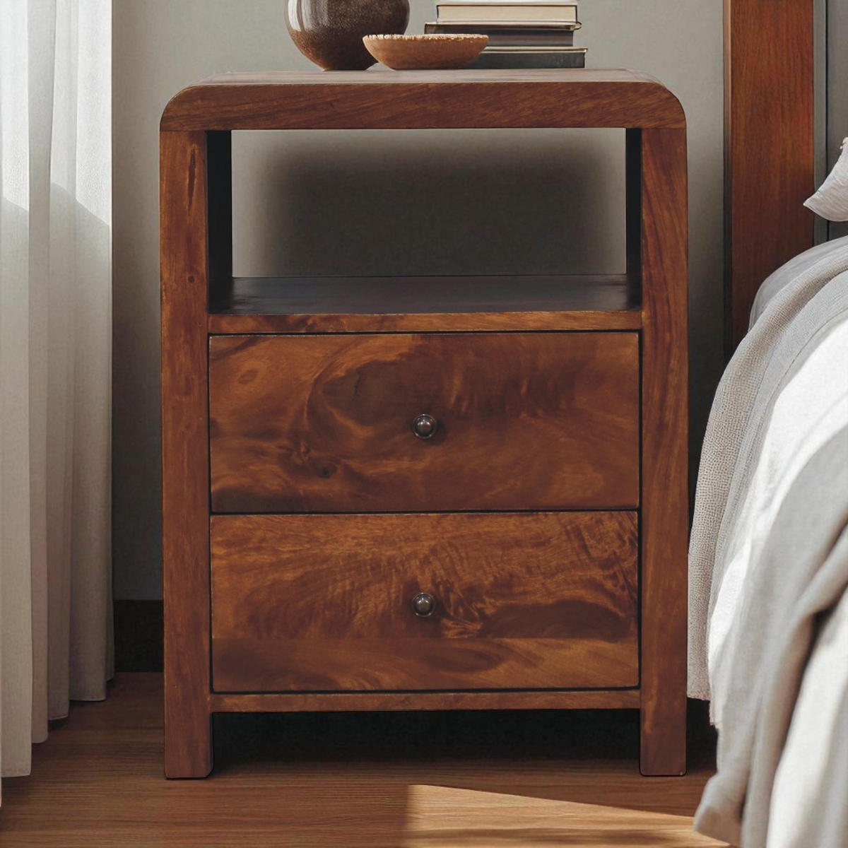 NACHTTISCH Aspen mit 2 Schubladen, 1 Offenes Regal, Braun - Messingfarben/Braun, Mangoholz/Holz (45/60/35cm) - Artisan Furniture