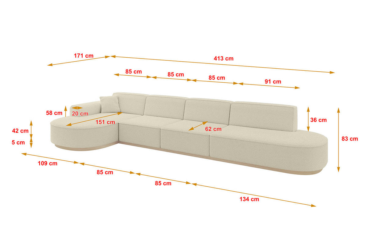 ECKSOFA Ottomane Links MARI-L3-v1 - 413x171x83 cm Beige Bouclé - Beige, Holzwerkstoff/Textil (413/171cm) - ALTDECOR