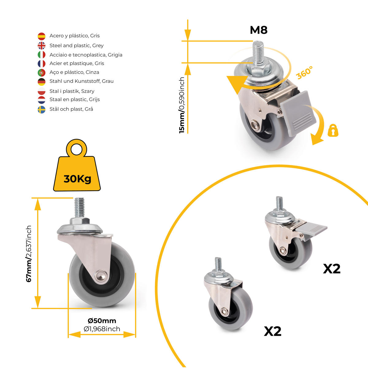 ROLLEN Slip mit Verbindungsbolzen, Durchmesser 50mm, Stahl und Kunststoff, Grau 4er-set - Grau, Metall (1.85/7/1.95cm) - EMUCA