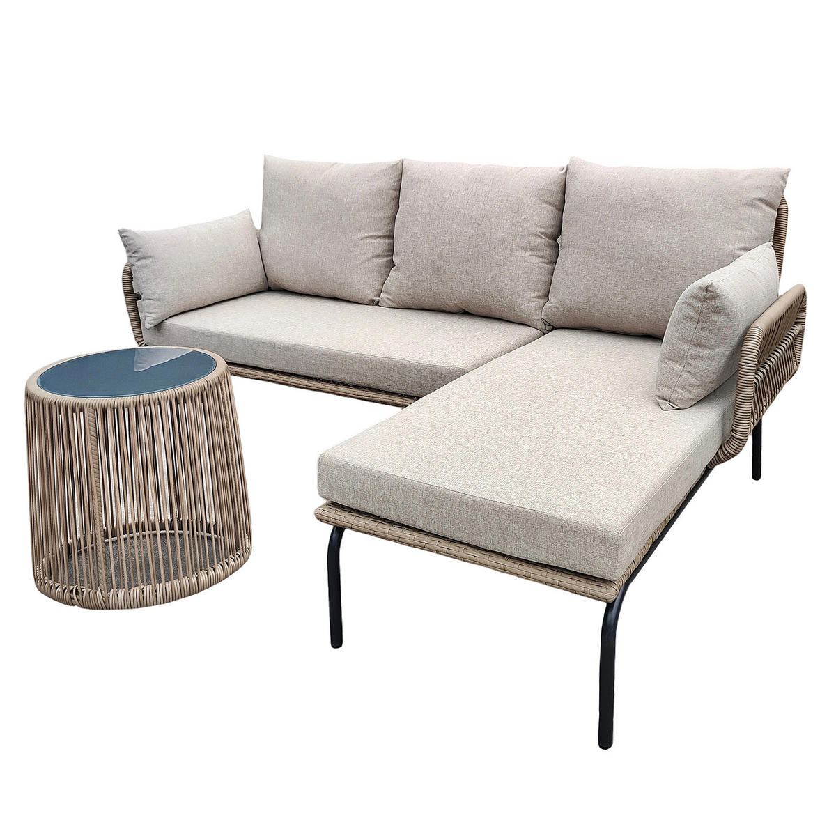 LOUNGESET - Polyrattan / Polyester - Beige / Grau - 3-teilig - Beige, Glas/Kunststoff - home24
