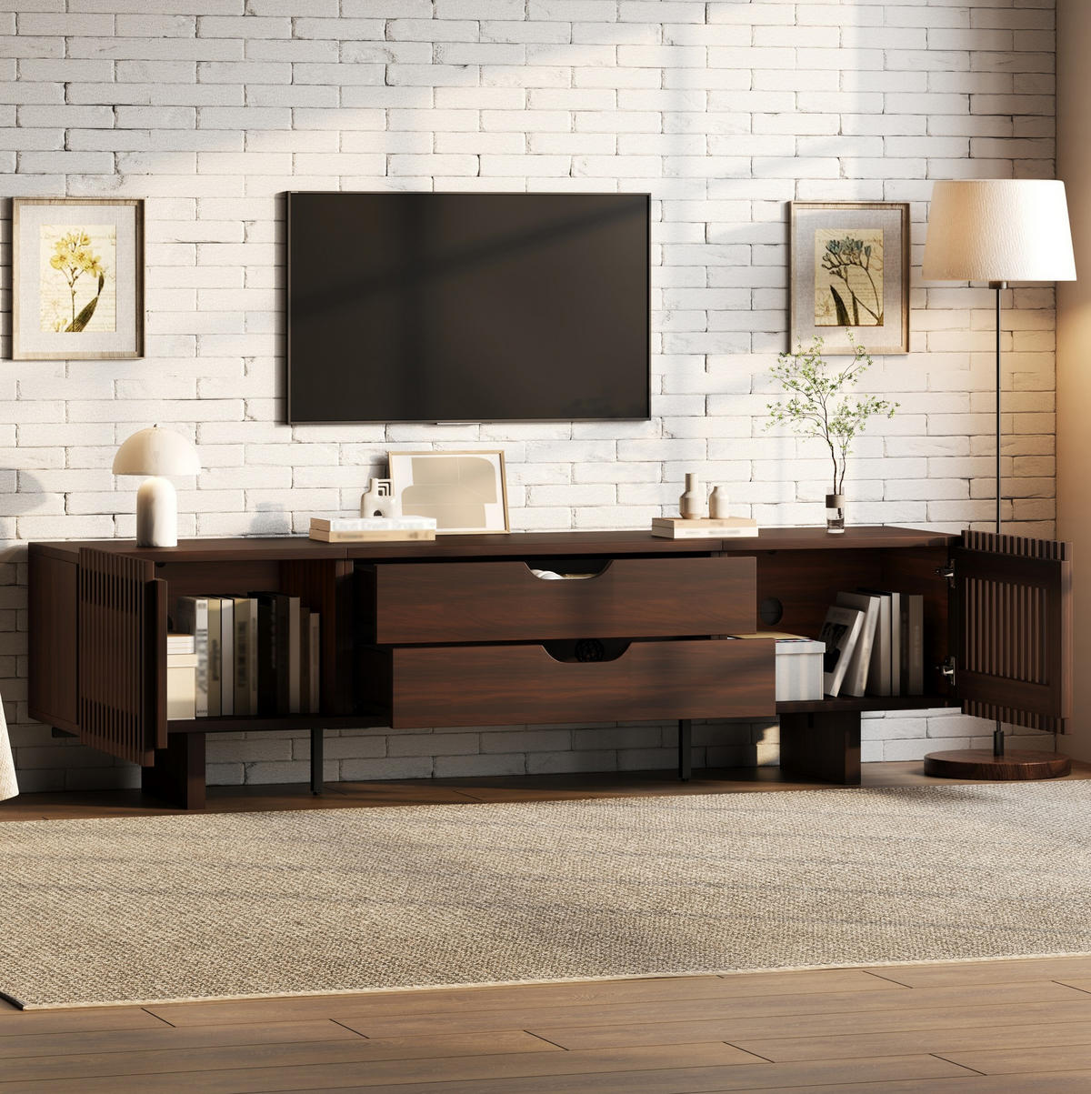 TV-LOWBOARD 180/40/45 cm mit 2 Schubladen, 2 Lamellentüren und Stauraum, Dunkle Walnussfarbe - Braun, Holzwerkstoff (180/45/40cm) - Redom