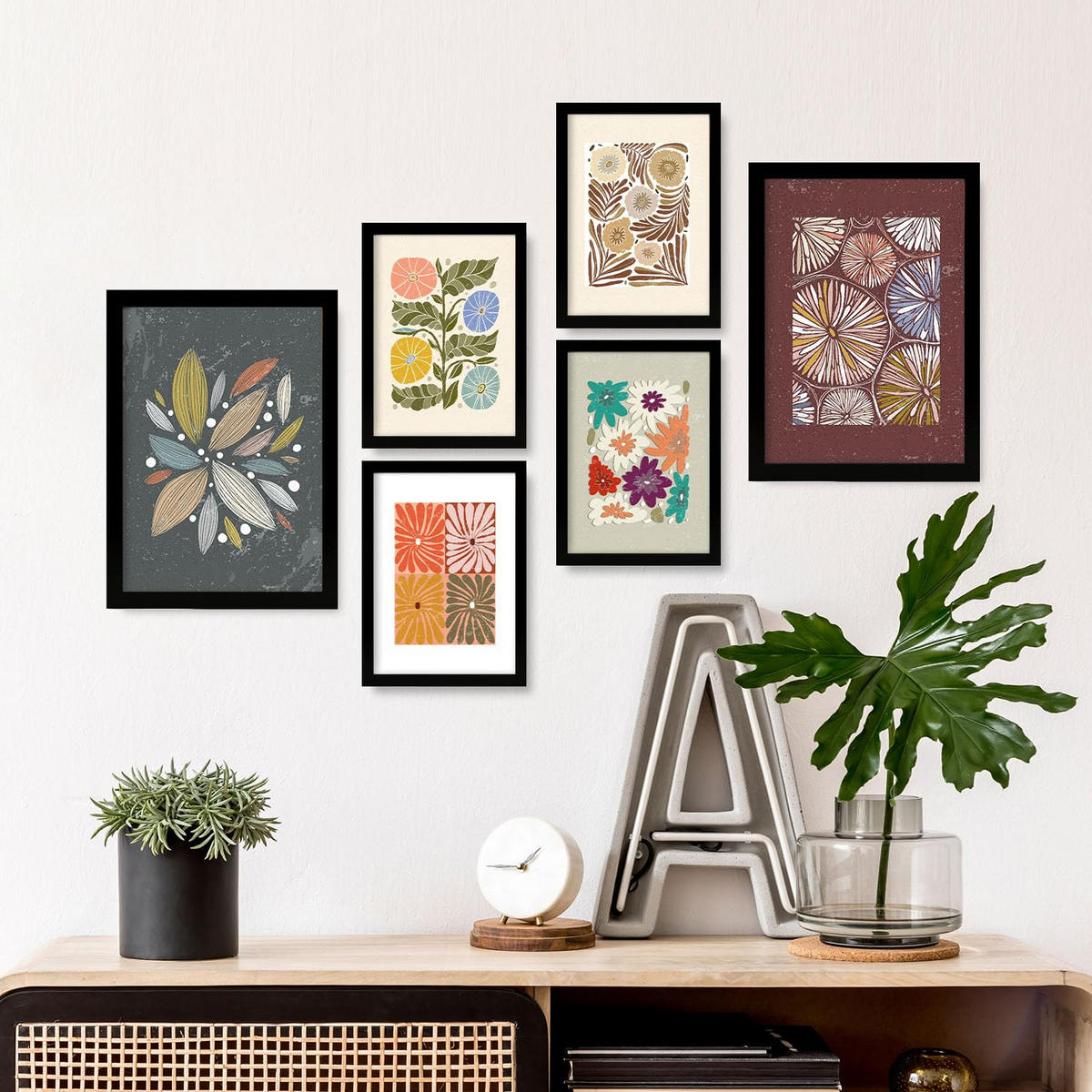 POSTER Set Mit 6 Drucken Von Blütenblättern In Der Sammlung Ethnischere Dekorative Rahmen Für Ihr Zuhause Wandkunstdruck A3 & A4 Schwarzer Rahmen - Schwarz, Papier (29/3cm) - Nacnic