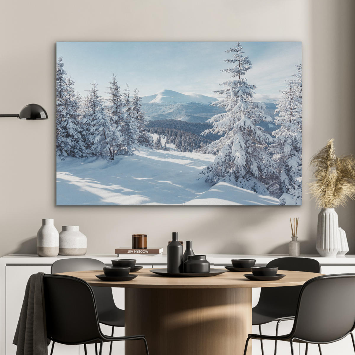 AKUSTIKPANEEL Winterlandschaft - Natur - Berge - Bäume - Schnee 100x70 cm - Hellblau, Textil (100/0.9/70cm) - MuchoWow