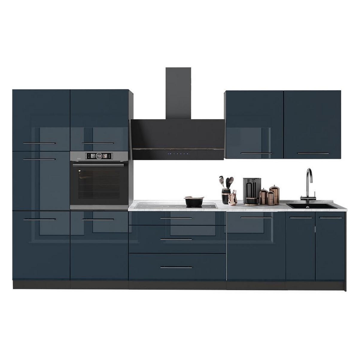 KÜCHENZEILE Fame-Line, Dunkelblau Hochglanz/Anthrazit, 340 cm ohne Arbeitsplatte - Anthrazit/Dunkelblau, Holzwerkstoff (340/206.8/51.6cm) - Vicco