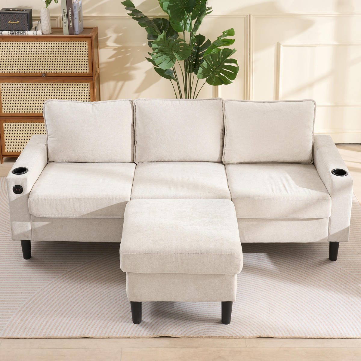 ECKSOFA 202/137/80 cm Beige mit USB-, Typ-C-Anschlüssen, 2 Getränkehaltern und 1 Fußhocker - Beige, Textil (202/137cm) - Oxeza