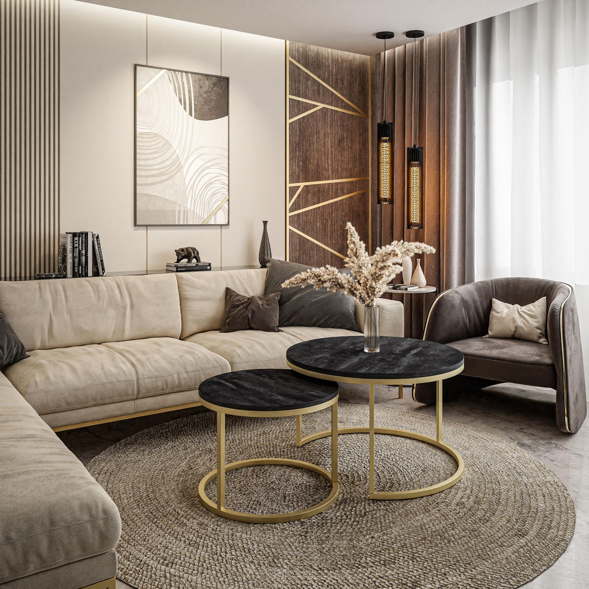 COUCHTISCH 2-in-1 CIRI dunkler Beton matt gold - Goldfarben, Holzwerkstoff (70/70/48cm) - Lookway