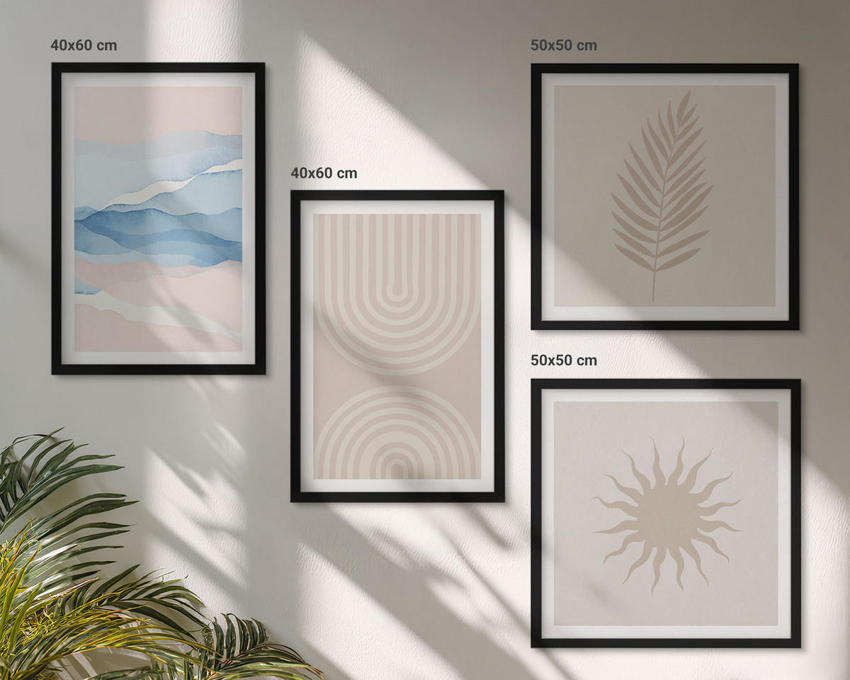 BILDER SET 4er Set - 50x50 cm & 40x60 cm Schwarzer Rahmen - Abstrakte Linien der Sonnenwellen - Schwarz, Kunststoff (50/50cm) - TULUP