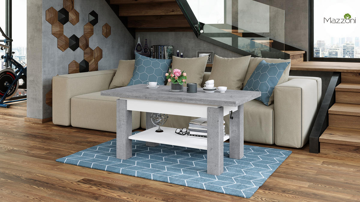 COUCHTISCH rechteckig Beton - Weiß ausziehbar höhenverstellbar - Hellgrau/Weiß, Holzwerkstoff (65/130/60cm) - designimpex