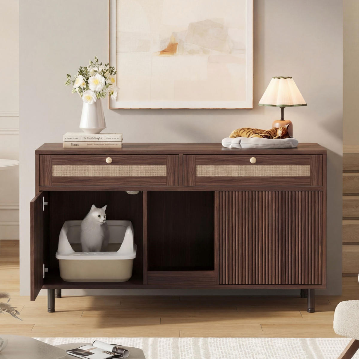 SIDEBOARD Nussbaumfarben 120×50×65 cm, multifunktionaler Katzentoilettenschrank mit Rattan-Details - Nussbaumfarben, Holzwerkstoff (120/65/50cm) - Luhomfu