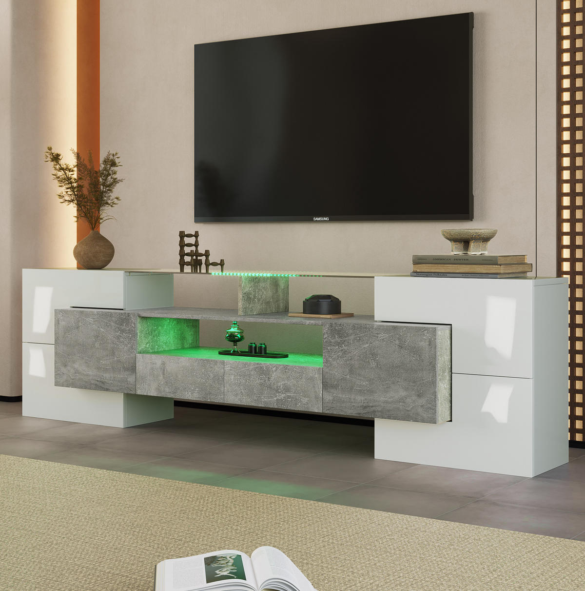 TV stolek 200/35/60 cm s LED osvětlením, lesklým povrchem a prostorným úložným prostorem, Šedá - bílá/šedá, kompozitní dřevo (200/60/35cm) - Redom