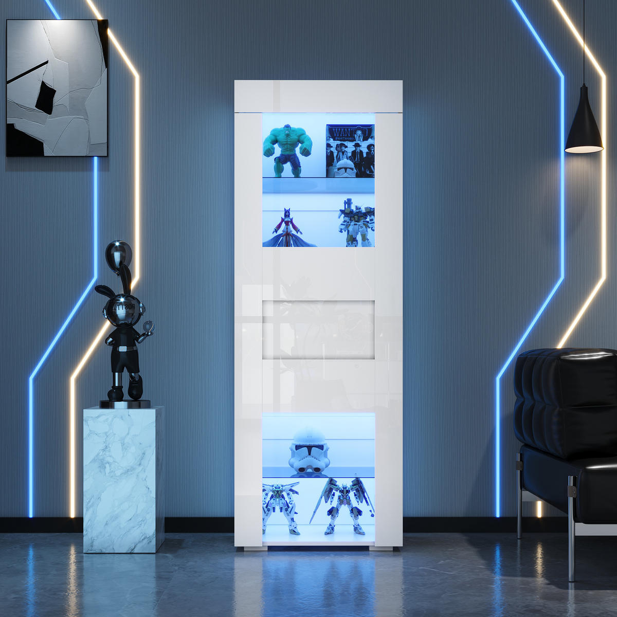VITRINE LED Hochglanz Schrank Acryl Tür 2 Glasböden Weiß 170cm - Weiß, Glas (60/170/40cm) - FLIEKS
