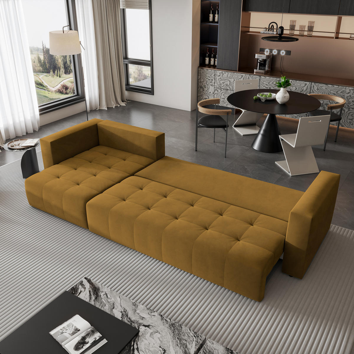 ECKSOFA OLVERA Gelb Plüsch-Stoff mit Schlaffunktion - Gelb, Holz (347/148cm) - MASSENO