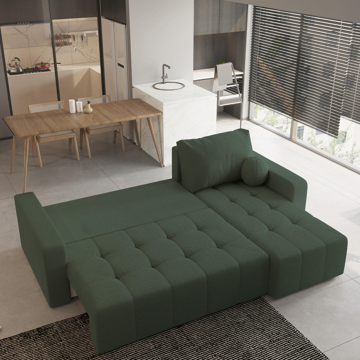 ECKSOFA VOLIRA Grün Boucle-Stoff mit Schlaffunktion - Grün, Holz (230/143cm) - MASSENO