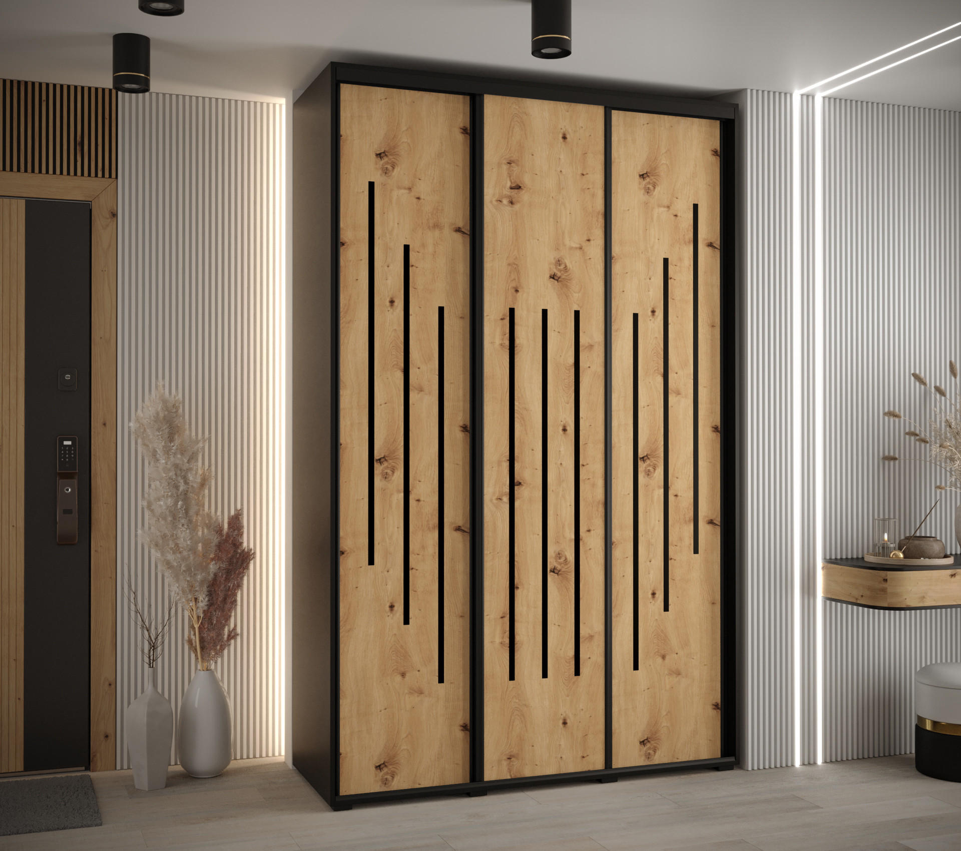 SCHWEBETÜRENSCHRANK 235,2/160/60 3-türig - Schwarz/Eiche Artisan, Holz/Metall (160/235/60cm) - Abiks Möbel