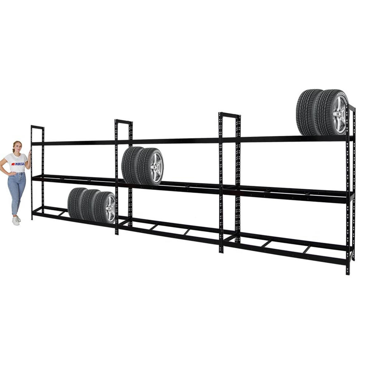 REIFENREGAL Tiger XL 3er-Set mit 3x 200x180x45 cm 300 kg Fachlast bis zu 63 Reifen Schwarz - Schwarz, Metall (540/200/45cm) - PROREGAL